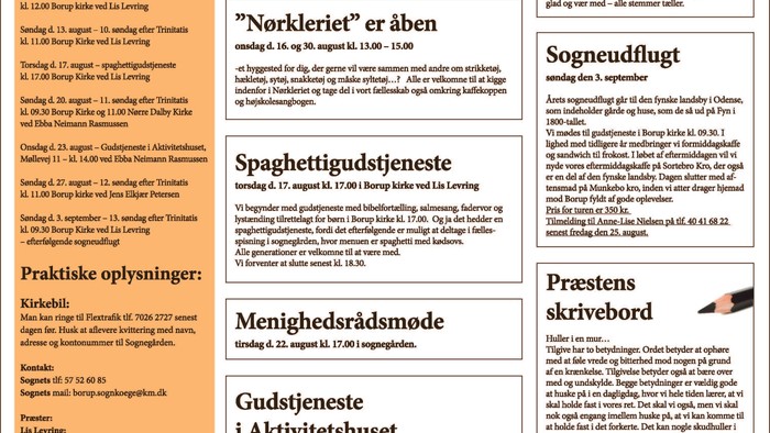 Aftenselskaber, café, kirke, og aktiviteter for august i Borup, Kimmerslev, og Norre Dalby Pastorat