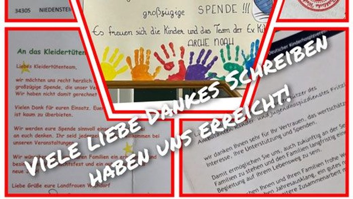 Das Bild zeigt verschiedene Dokumente und eine bunte Handabdruck-Kunst mit deutschem Text.
