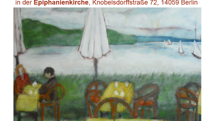 Ein impressionistisches Gemälde eines Strandcafés mit Tischen, Stühlen und einem Sonnenschirm am Wasser.