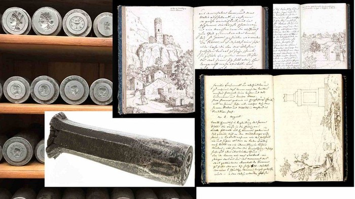 Das Bild zeigt alte Bücher, Manuskripte und historische Dokumente.