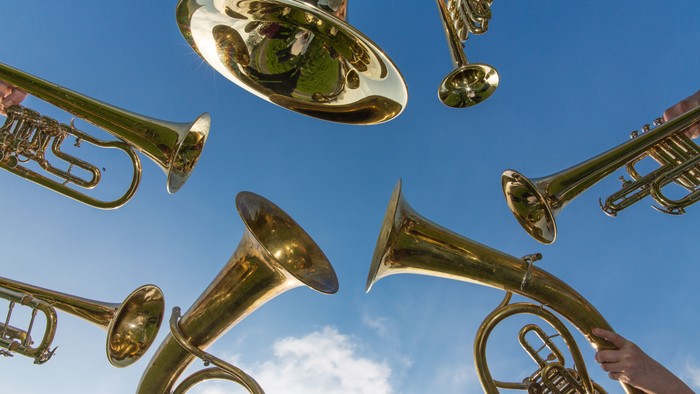 Mehrere Blasinstrumente werden gegen den blauen Himmel gehalten