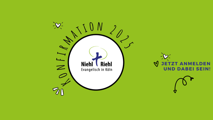 Konfirmation 2023 mit dem Motto "Jetzt anmelden und dabei sein!" bei der Evangelisch in Köln.