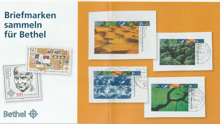 Briefe sammeln für Bethel: verschiedene Briefmarken und Bilder
