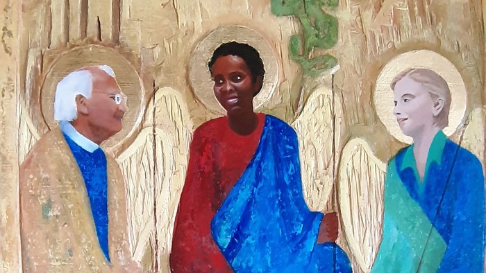 Das Bild zeigt ein religiöses Gemälde mit drei Engeln.