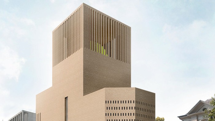 Modernes Gebäude mit markanter Fassade und vertikalen Linien, umgeben von weiteren Gebäuden und Bäumen