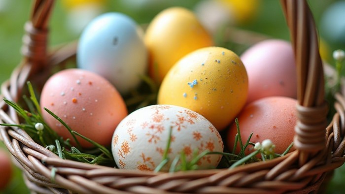 Bunte Ostereier auf Ostergras in einem Korb