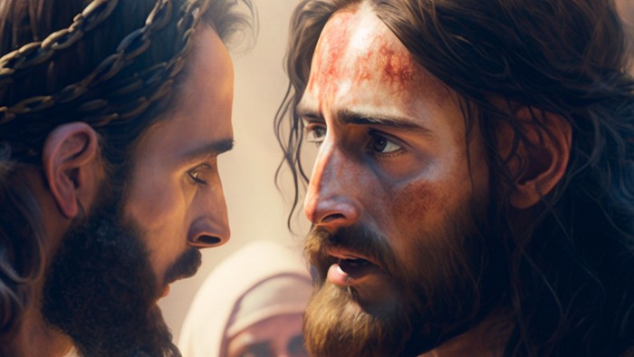 Zwei bärtige Männer schauen sich intensiv an, einer hat Blut im Gesicht