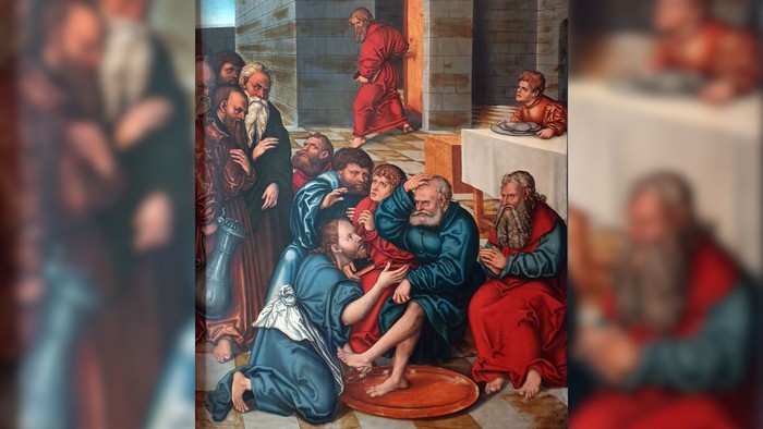 Das Bild zeigt eine religiöse Szene mit mehreren Personen in historischer Kleidung.