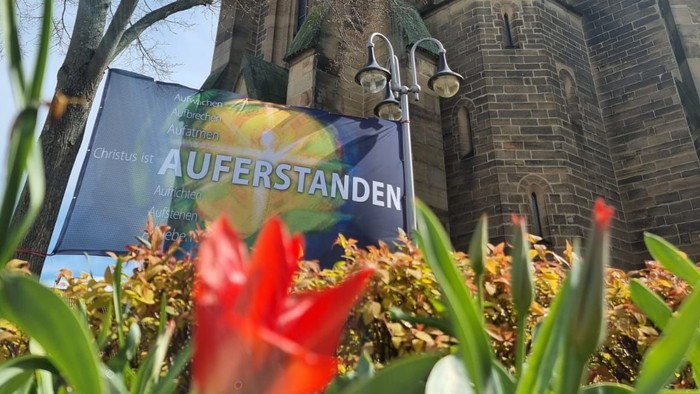 Blühende Tulpen im Vordergrund, Kirche im Hintergrund mit Banner 
