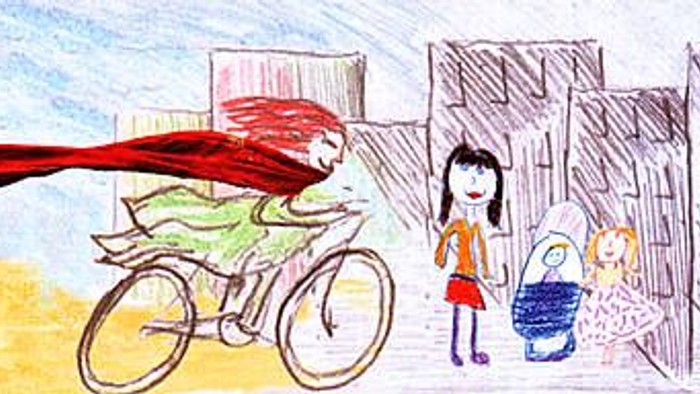 Ein rotes, fliegendes Wesen schwebt über einem Fahrrad und zwei Kindern.