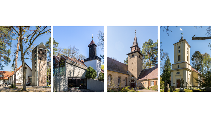 Vier Kirchen in ländlicher Umgebung, verschiedene Baustile und Architekturdetails