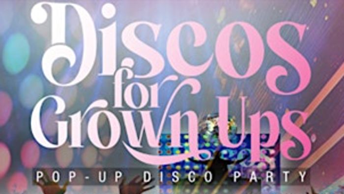 The image features a vibrant disco-themed event poster with colorful lights and text reading
