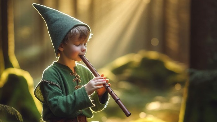 Ein Kind in Elfenkostüm spielt eine Flöte im Wald.