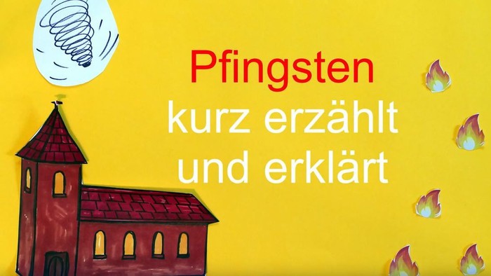 Illustrierte Erklärung von Pfingsten in einfachen, farbenfrohen Begriffen mit Kirche und Flammen.