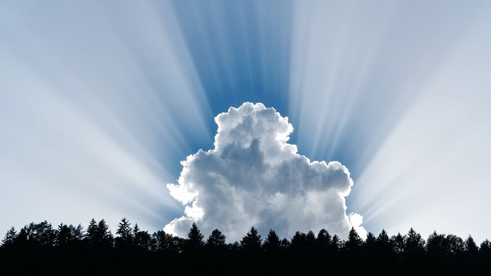 Ein einzelne Wolke wird von Sonnenstrahlen durchbrochen, hinter einem Wald.
