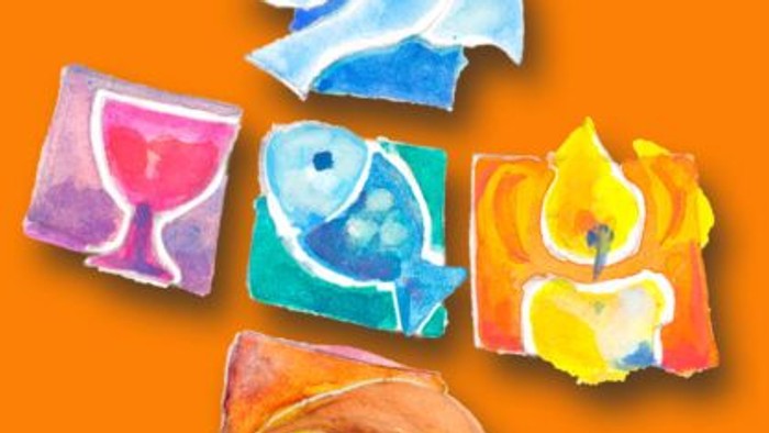 Bunte, farbenfrohe Papierschnipsel auf orangenem Hintergrund