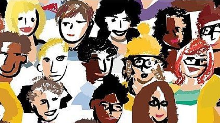 Verschiedene bunte Gesichter mit unterschiedlichen Frisuren und Accessoires.