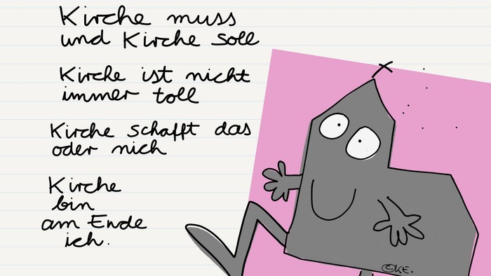 Eine Zeichentrickfigur drückt humorvoll Frustration über die Kirche mit deutschem Text aus.