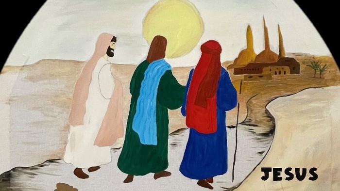 Das Bild zeigt Jesus und zwei Jünger auf dem Weg nach Emmaus