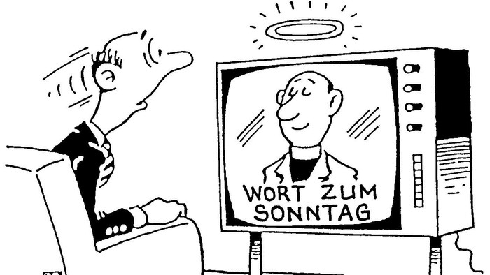Ein Mann schaut mit nachdenklichem Gesichtsausdruck fern, während über dem Bildschirm ein Heiligenschein schwebt, auf dem „Wort zum Sonntag“ zu sehen ist.