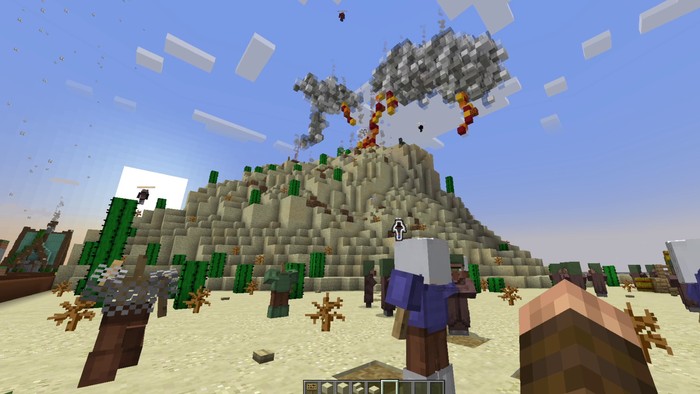 Ein Minecraft-Spiel mit einer großen Steinstruktur und verschiedenen Blöcken und Gegenständen im Vordergrund