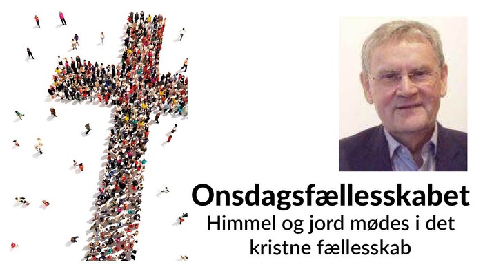 Billedet viser en mængde mennesker i form af et kors og en mand med teksten 