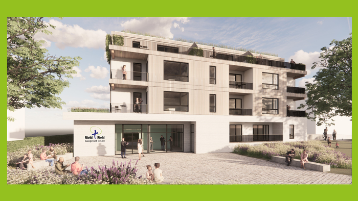 Modernes Wohngebäude mit Grünfläche und Menschen im Vordergrund