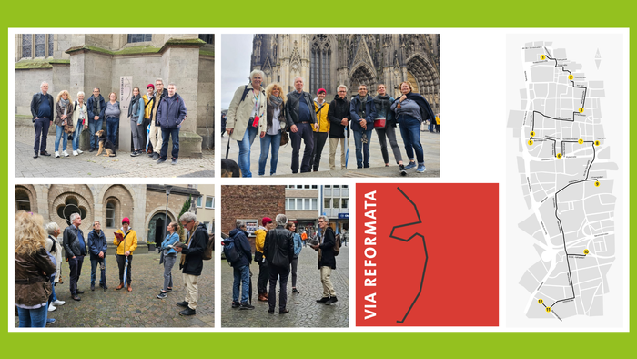 Eine Gruppe von Menschen bei verschiedenen Orten und Aktivitäten, begleitet von einer Karte und Text in Rot