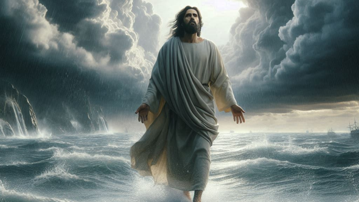 Jesus Christus geht über das Meer bei stürmischem Wetter