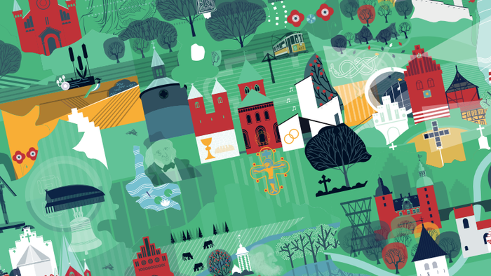 Billedet viser en farverig og fantasifuld bylandskab med forskellige bygninger og træer