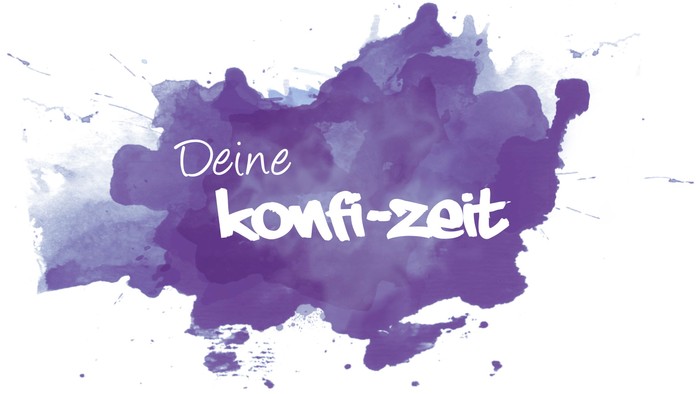 Ein lila Farbspritzer mit der Aufschrift "Deine komfi-zeit"