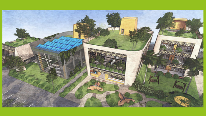 Das Bild zeigt eine moderne, grüne Architektur mit Solardach und Garten.