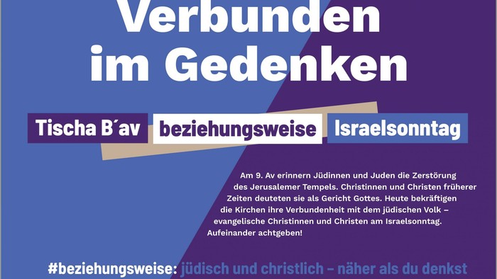 Plakat zur Förderung des jüdisch-christlichen Gedenkens an Tisha B'Av und Israelsonntag, das gemeinsame Verbindungen betont.