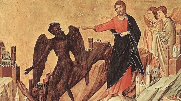 Billedet viser Jesus, der kaster en faldende engel ud af himlen.