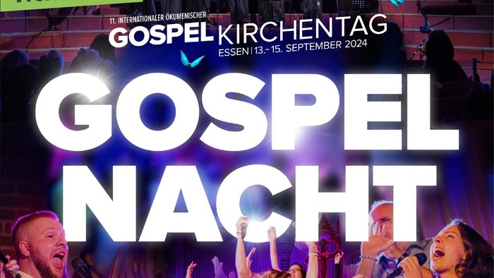 Poster für Gospel Nacht am 13. September in der Apostelkirche, mit verschiedenen Chören und Musikern.