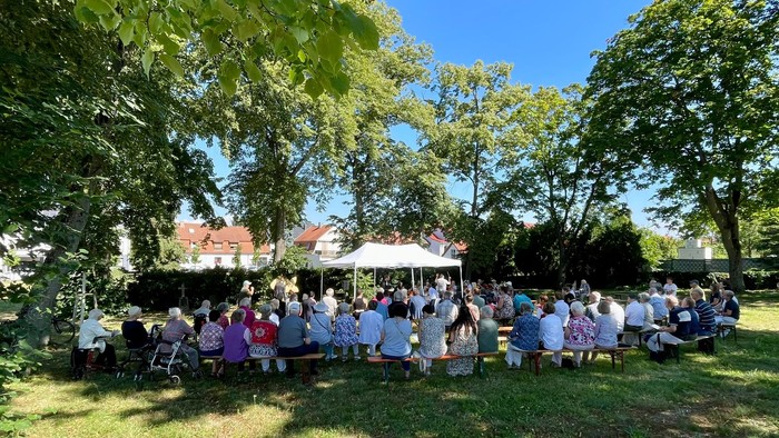 Eine Gruppe von Menschen sitzt im Freien unter Bäumen und genießt ein Picknick.