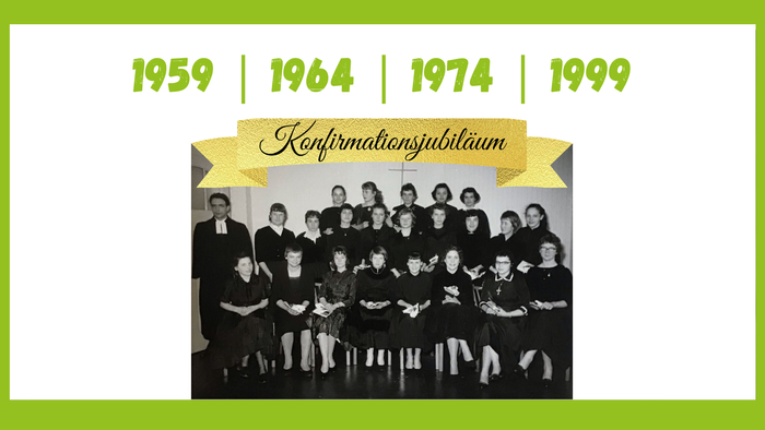 Ein Gruppenfoto von Konfirmanden aus den Jahren 1959, 1964, 1974 und 1999