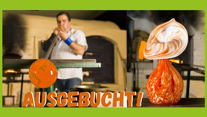 Ein Mann formt Glas in einer Werkstatt, daneben ein fertiges Glasgebilde