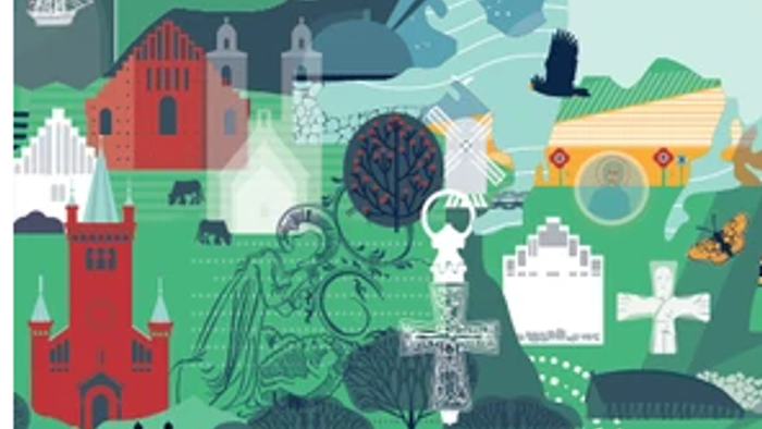 Billedet viser en farverig og fantasifuld illustration af en by med forskellige bygninger og natur.