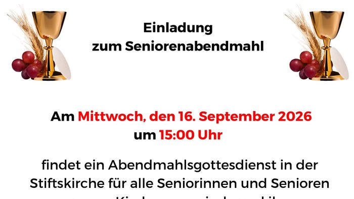 Plakat Einladung Seniorenabendmal 20.09.26 Bilder mit Abendmahlskelch und Kaffentasse und Keksen als Hinweis auf Abendmahl und anschließendes Kaffetrinken