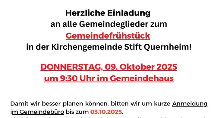 Einladung zum Gemeindefrühstück am 09.10.2025 im Gemeindehaus Stift Quernheim