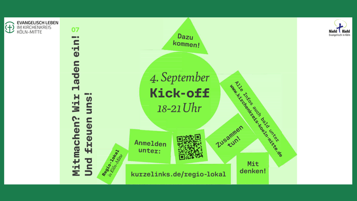 Flyer für Kick-off-Event am 4. September von 18-21 Uhr mit verschiedenen Informationen und QR-Code.