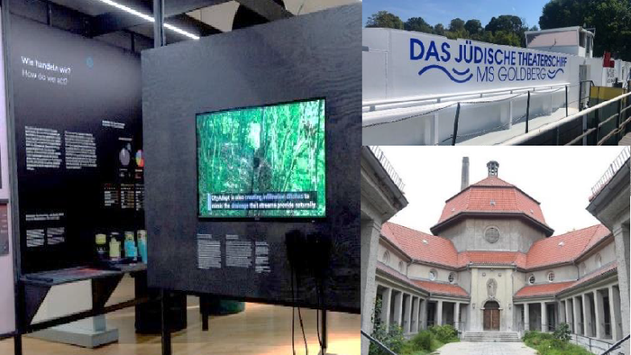 Eine Museumsausstellung und das historische Gebäude des Jüdischen Theaters mit einem malerischen Blick auf seine Architektur.