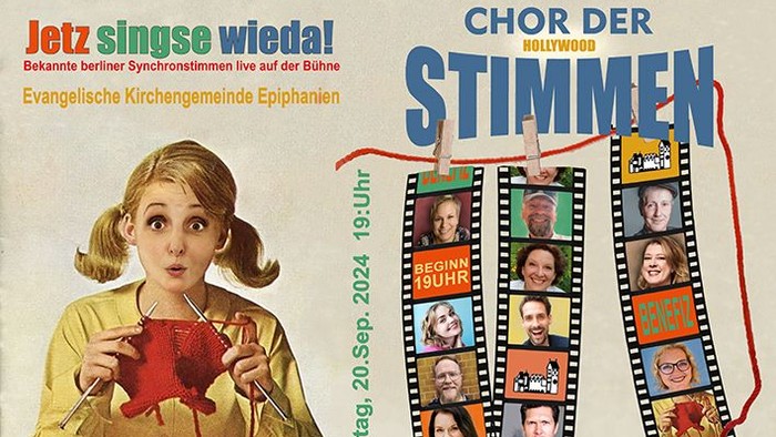 Vintage-Stil Plakat zur Werbung für ein Kirchenchor-Konzert in Berlin mit synchronisierten Stimmen und Filmstreifenfotos.