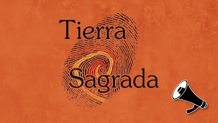 Das Bild zeigt einen Fingerabdruck und ein Megafon vor einem orangefarbenen Hintergrund mit spanischem Text