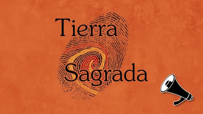 Das Bild zeigt einen Fingerabdruck und ein Megafon vor einem orangefarbenen Hintergrund mit spanischem Text