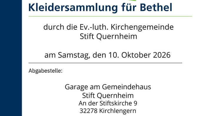 Plakat Kleidersammlung Bethel in der Garage am Gemeindehaus Stift Quernheim am 10.Oktober2026