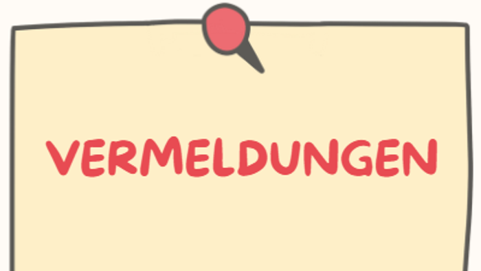 Ein gelbes Schild mit der Aufschrift "Vermeldungen" und einem roten Punkt oben.