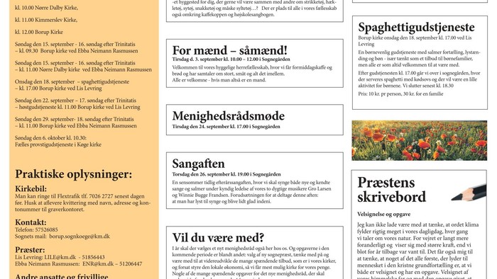 Borup-Kimmerslev-Norre Dalby Pastorats nyhedsbrev for september med aktiviteter, begivenheder og oplysninger.