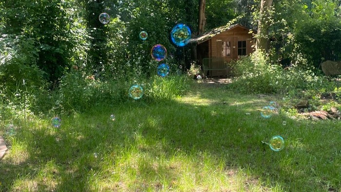 Ein kleines Holzhaus im Wald mit bunten Luftballons.